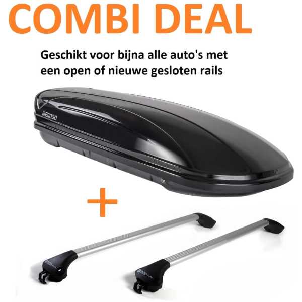 Dakkoffer Menabo Mania 600 liter zwart + dakdragers voor gesloten en open rails