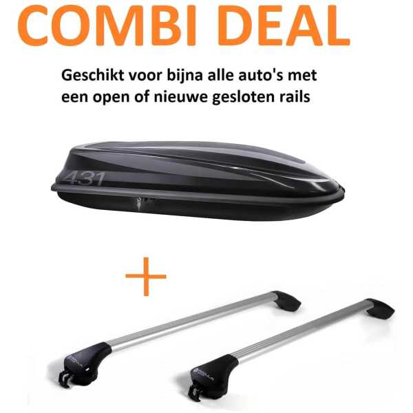 Dakkoffer CAM 431 liter zwart + dakdragers voor gesloten en open rails