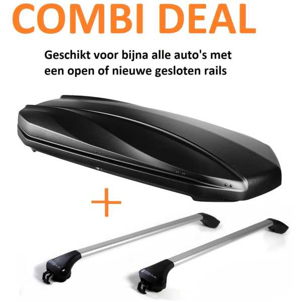 Dakkoffer Junior Strike 480 liter hoogglans zwart, Combi-deal Dakkoffer STRIKE 440 liter + dakdragers voor gesloten en open rails