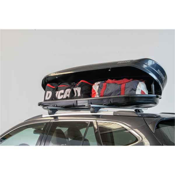 Dakkoffer Menabo Mania 460 liter hoogglans zwart + dakdragers voor gesloten en open rails, Dakkoffer 460 liter Menabo Mania hoogglans zwart